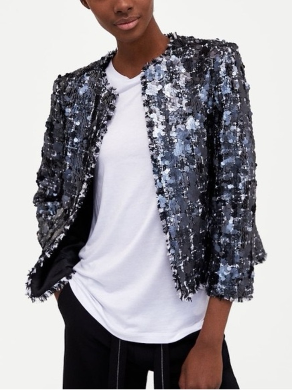 Zara Woman Sequin Tweed Jacket L Metallic Paillette Fringe Open Front